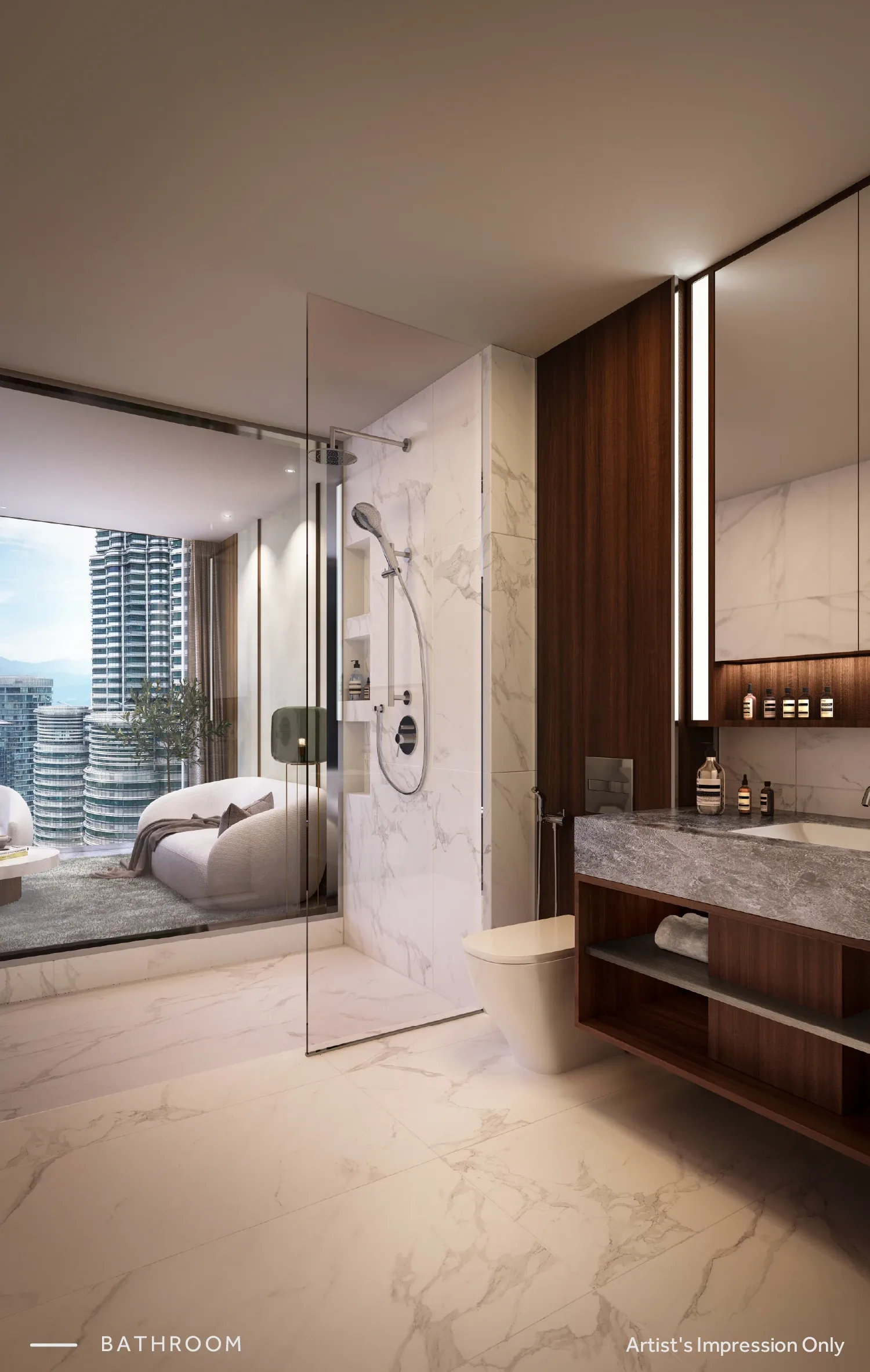 CloutHaus show-unit bathroom with a glass shower, marble vanity and city view, artist's impression