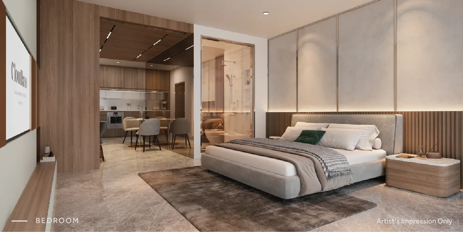 CloutHaus show-unit bedroom with a timber headboard and city view, artist's impression