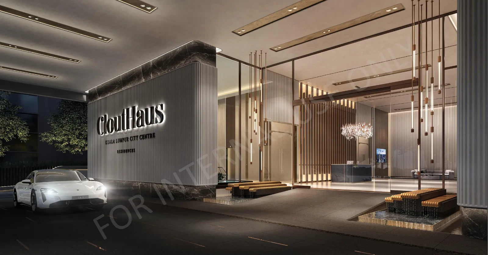 CloutHaus drop-off with a CloutHaus feature wall, timber screens and a chandelier, artist's impression