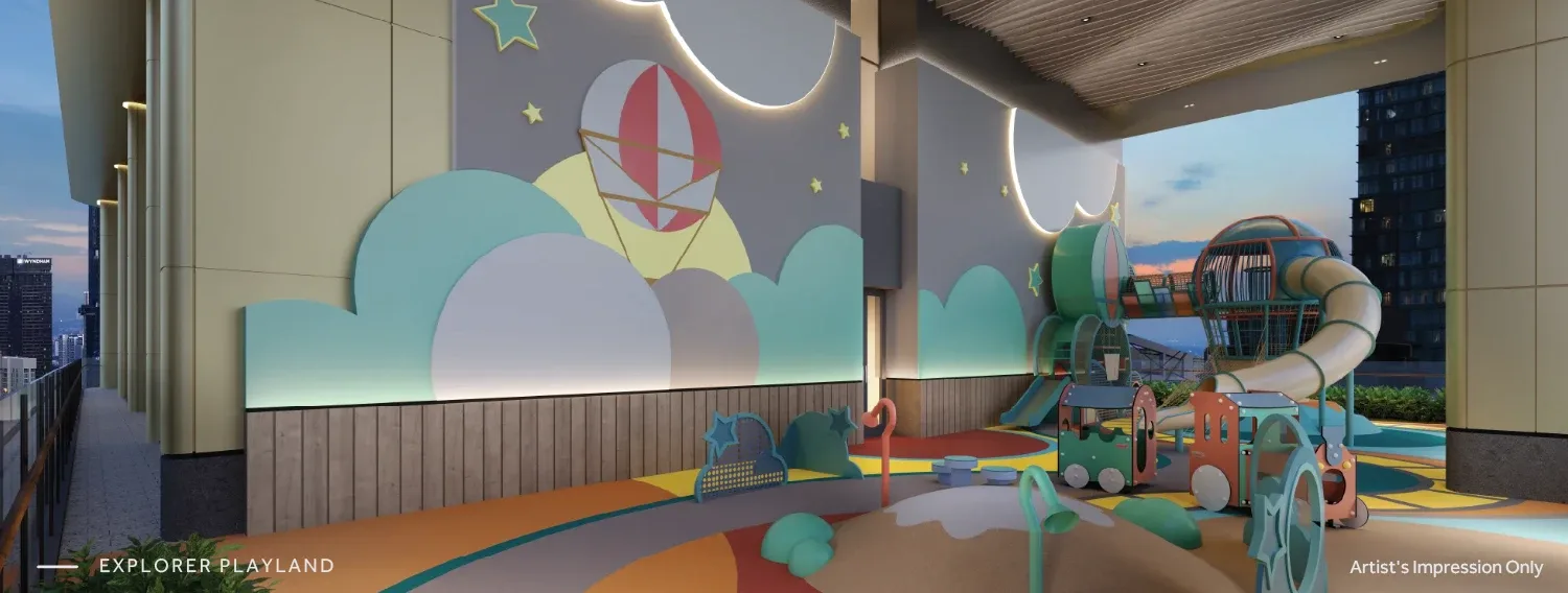 CloutHaus explorer Playland with a hot-air balloon mural and play structures, artist's impression
