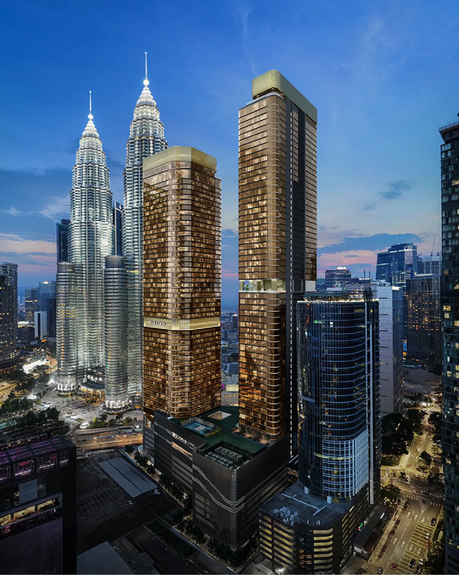 CloutHaus and the Paradox tower rising beside the Petronas Twin Towers at dusk, artist's impression
