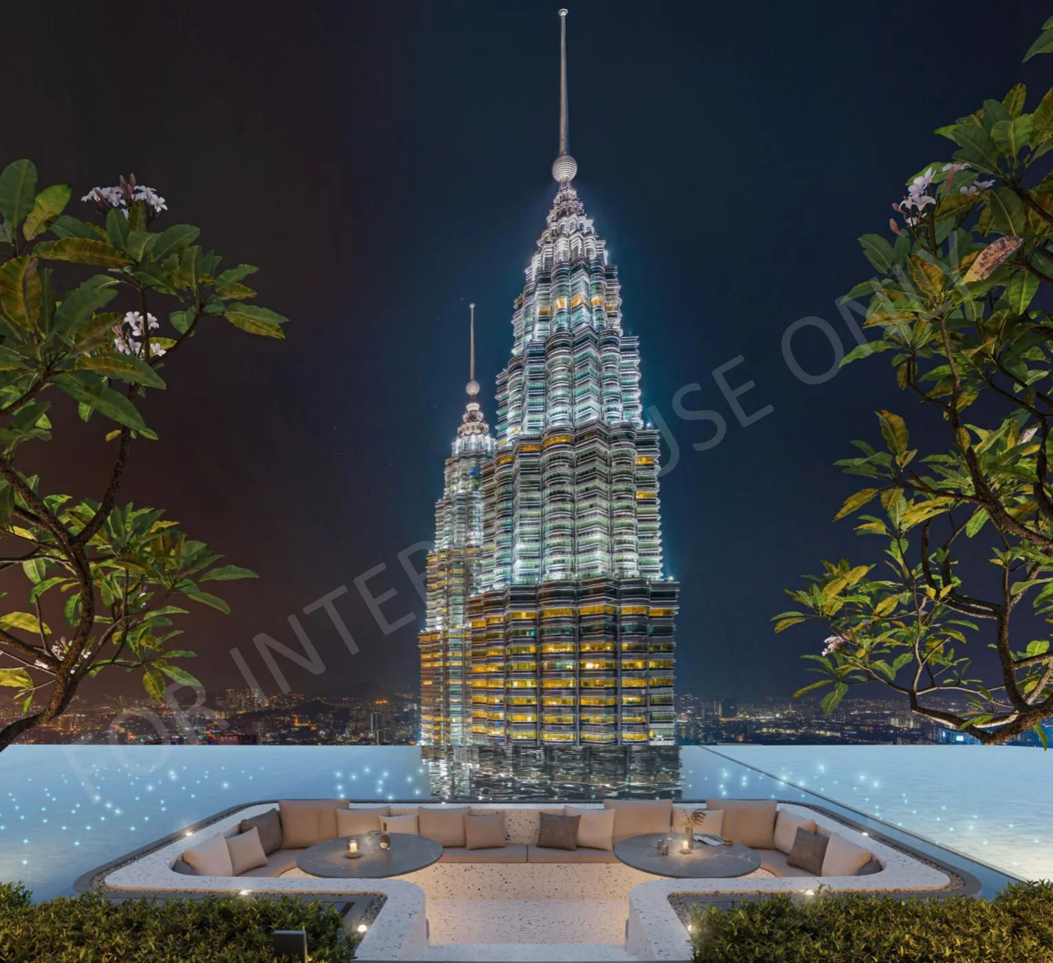 CloutHaus floating Lounge sunken seating facing the lit Petronas Twin Towers at night, artist's impression