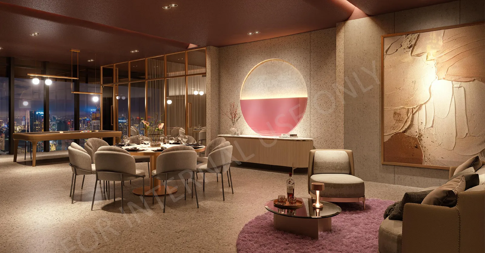CloutHaus games and dining room with a round table, lounge chairs and a pink feature wall, artist's impression