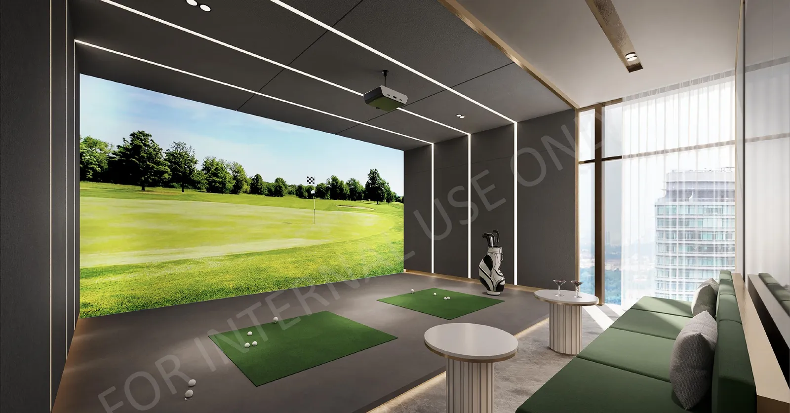 CloutHaus golf simulator room with a fairway screen and lounge seating, artist's impression