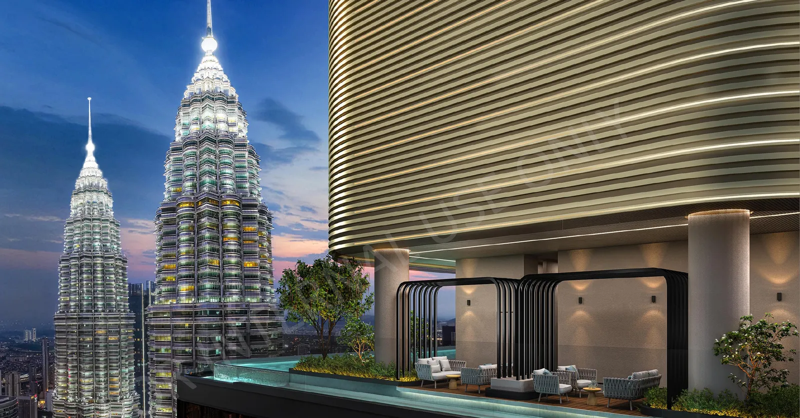 CloutHaus rooftop lounge and pool beside the curved tower facade, with the Petronas Twin Towers at dusk, artist's impression