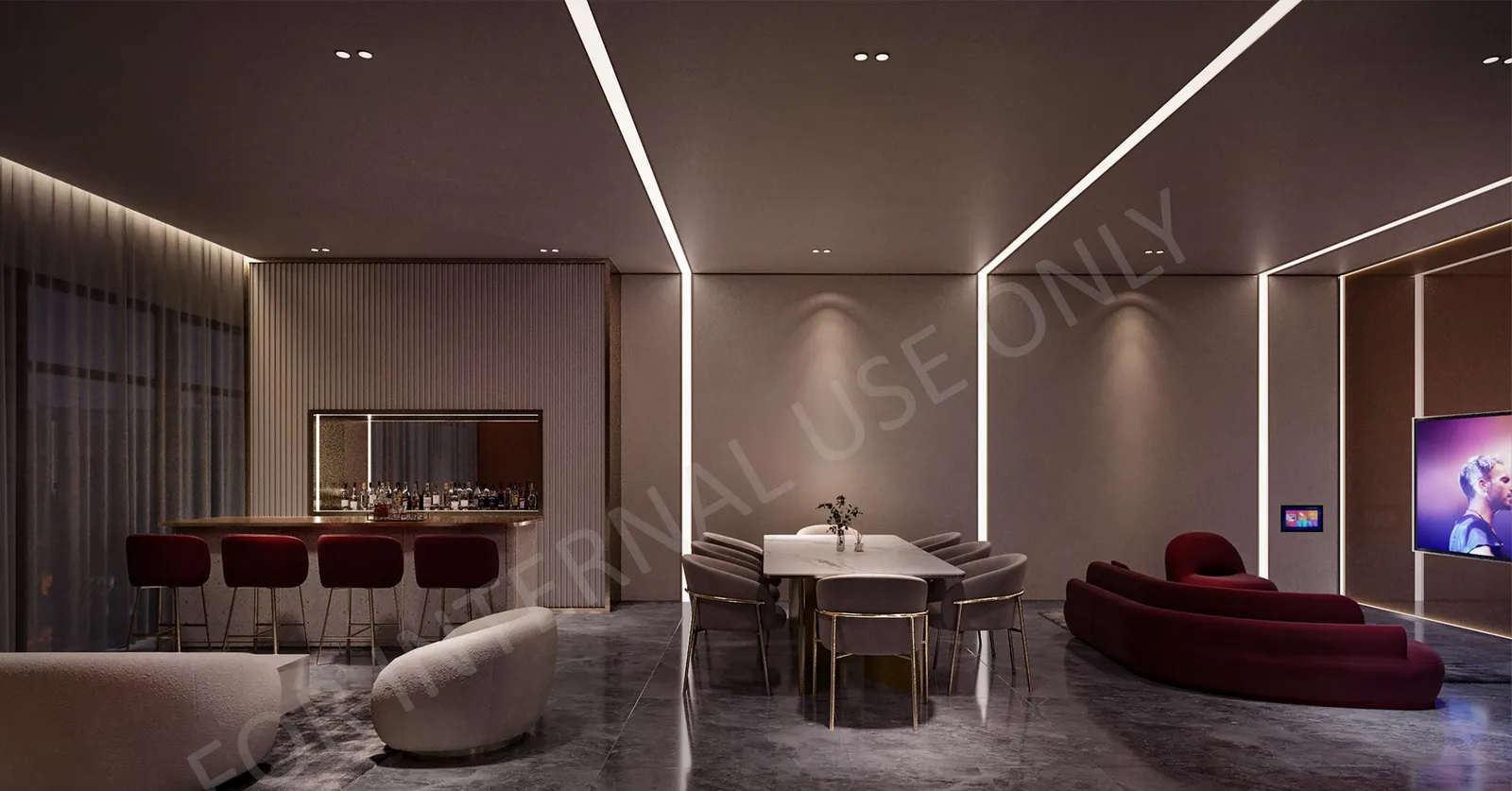 CloutHaus karaoke lounge with a red sofa, dining table and screen, artist's impression