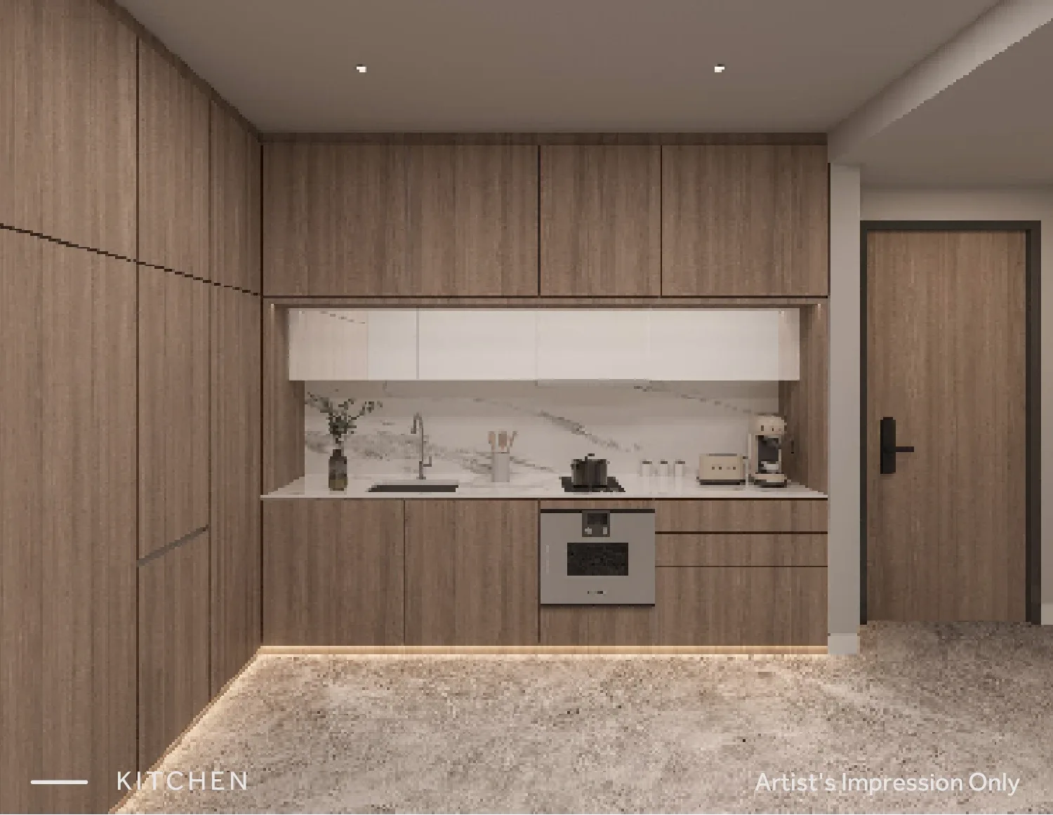 CloutHaus show-unit timber kitchen with built-in oven and hob, artist's impression