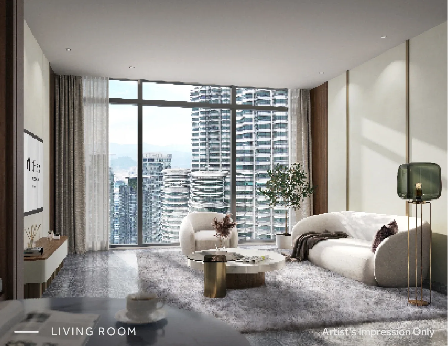 CloutHaus show-unit living room with a curved sofa and a window towards city towers, artist's impression