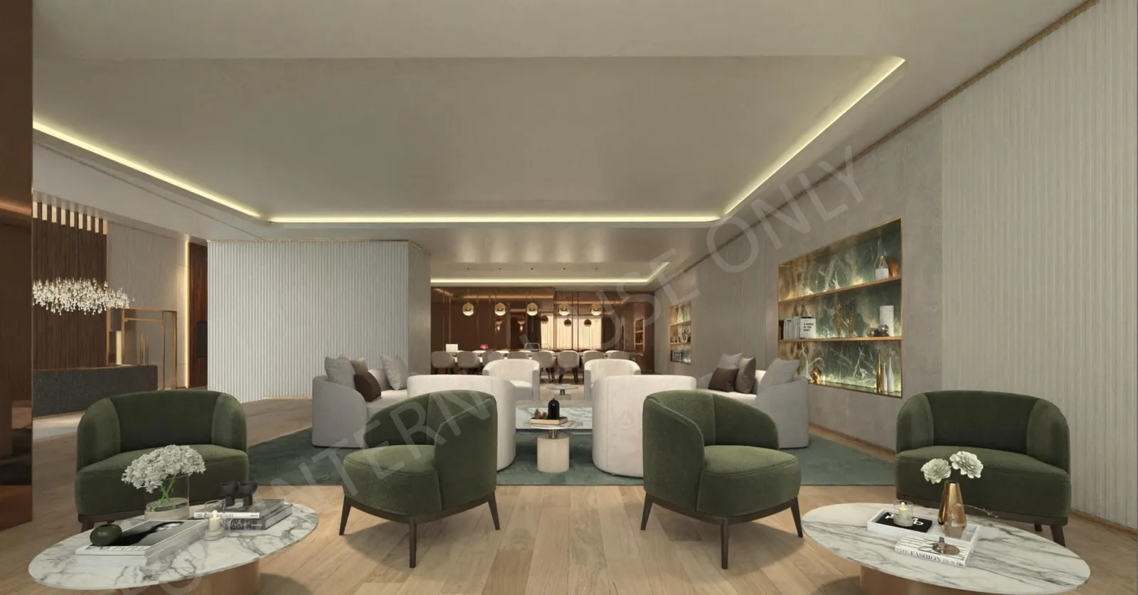 CloutHaus lobby lounge with white curved armchairs, marble tables and a green rug, artist's impression