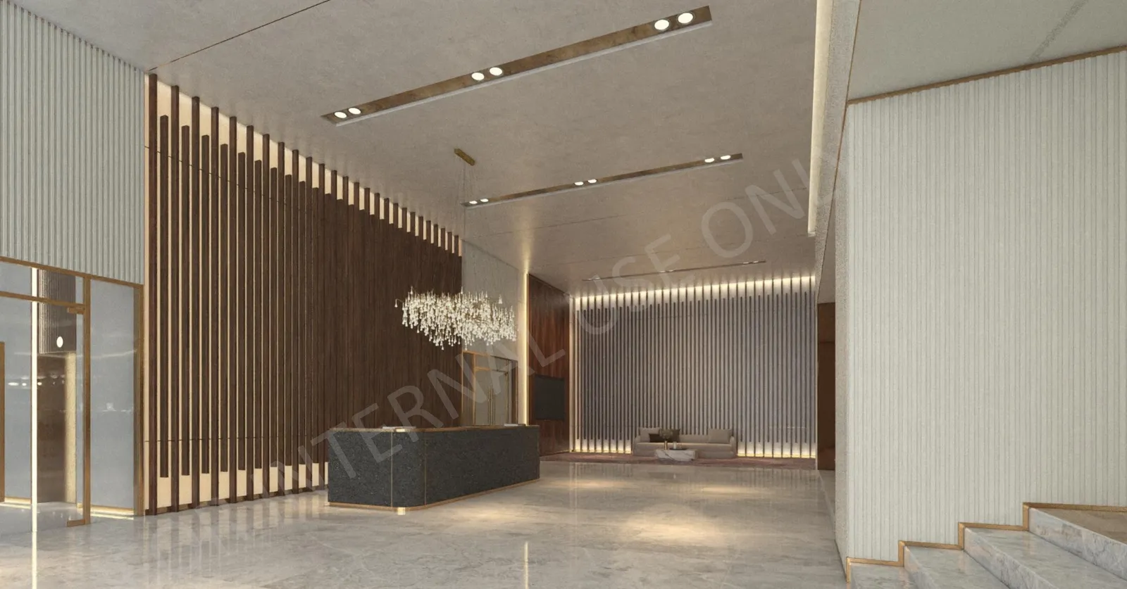 CloutHaus grand lobby with a chandelier, timber fins and a reception counter, artist's impression