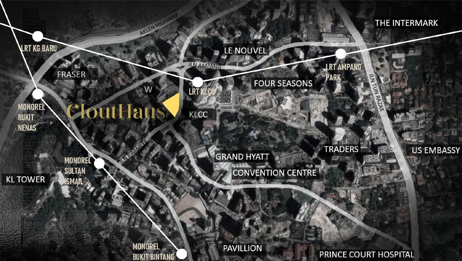 Location map of CloutHaus on Jalan P. Ramlee beside KLCC, with LRT KLCC, LRT Kg Baru, LRT Ampang Park, Monorail stations, KL Tower and Pavilion marked