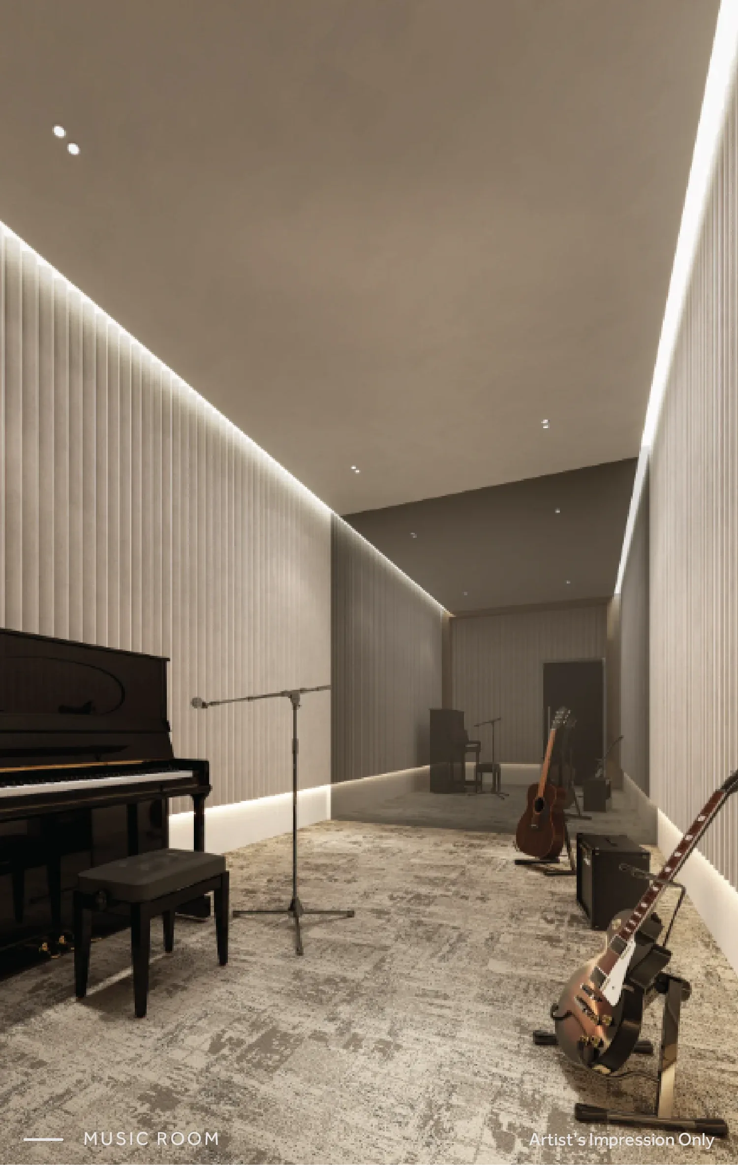 CloutHaus music room with an upright piano, guitars and a microphone stand, artist's impression