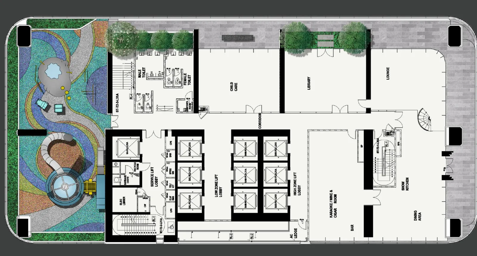 CloutHaus Level 33 facilities plan with kids' play areas, lounges, sky bar and karaoke lounge