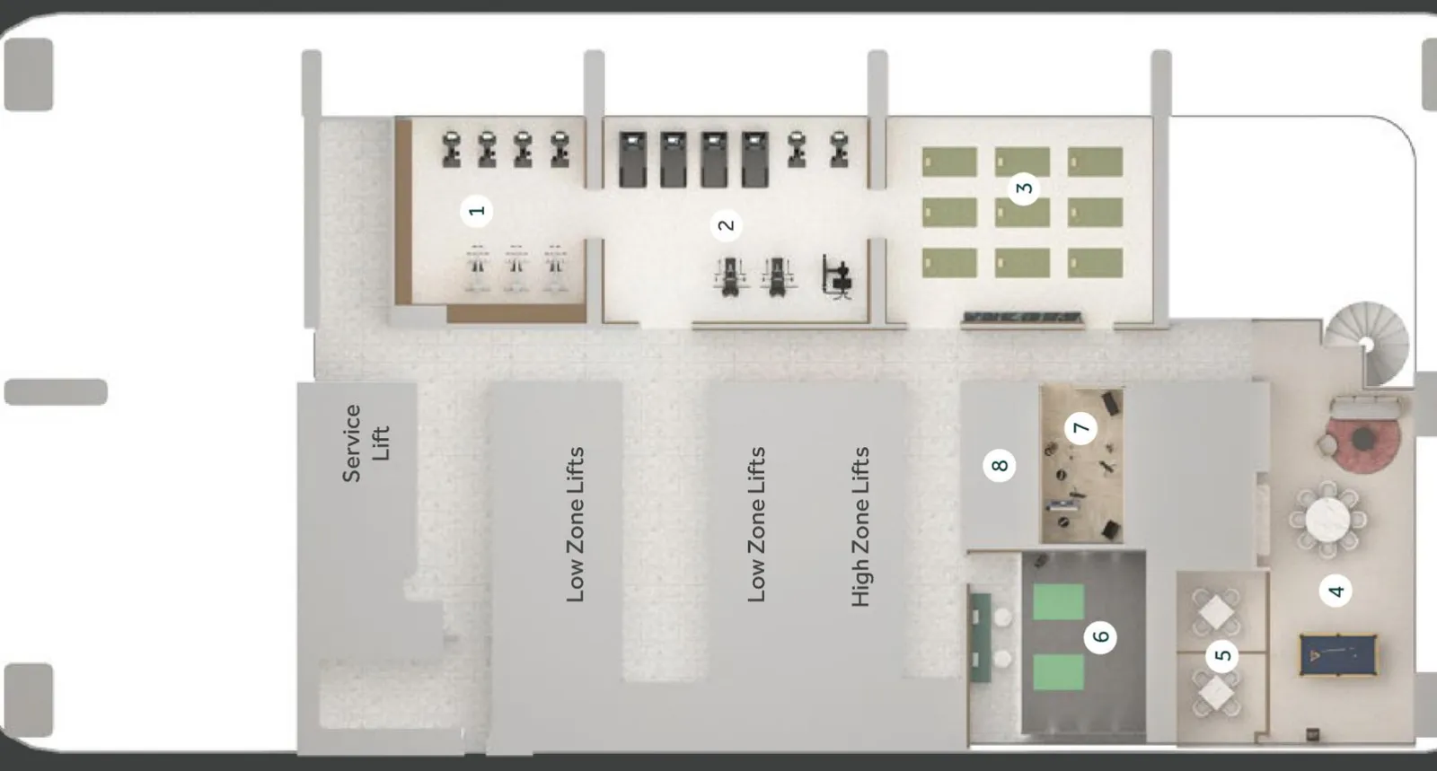 CloutHaus Level 33A facilities plan with gym, studios, golf simulator and music room