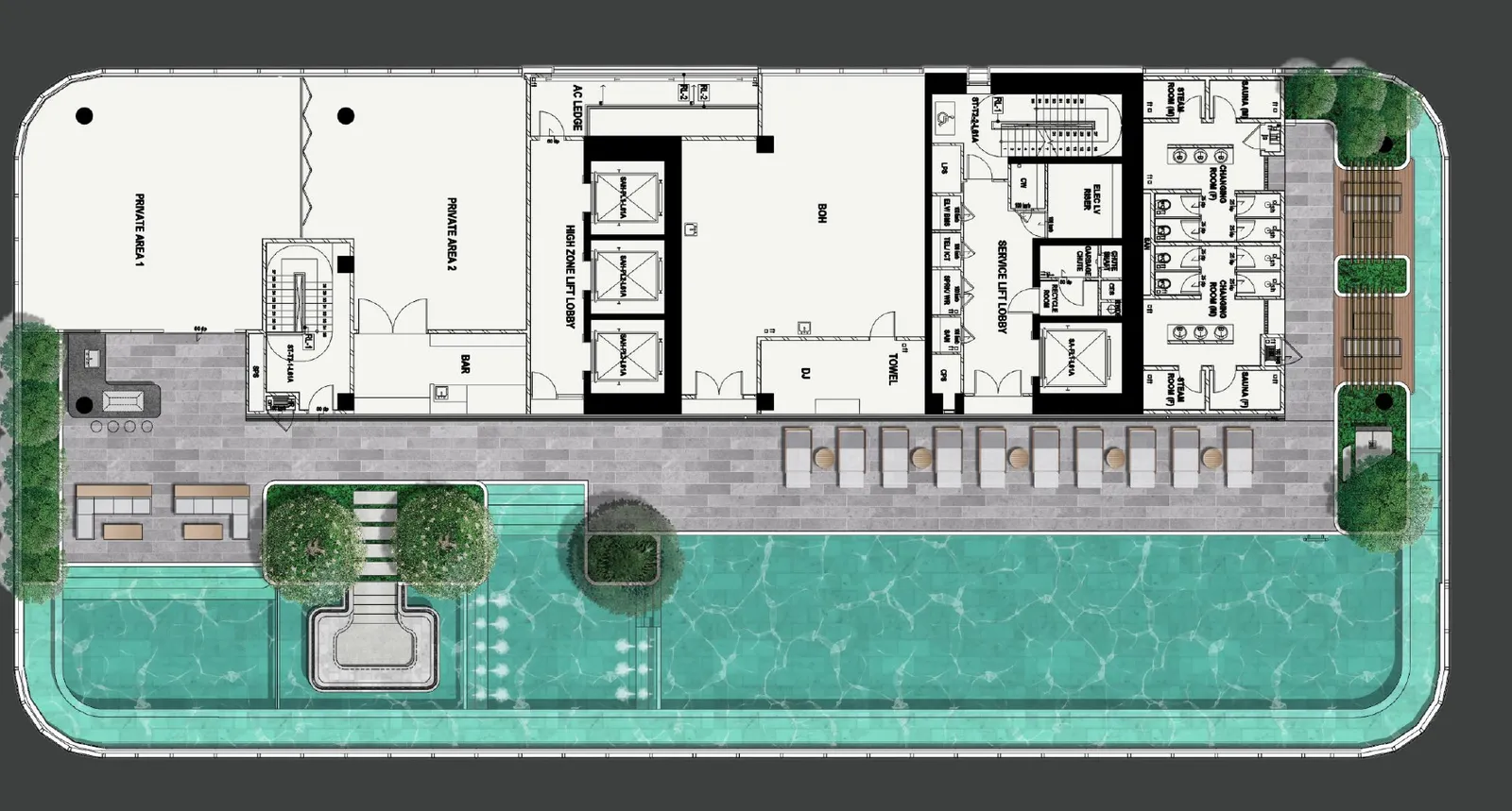 CloutHaus Level 63A rooftop facilities plan with sky pool, leisure pool and lounges