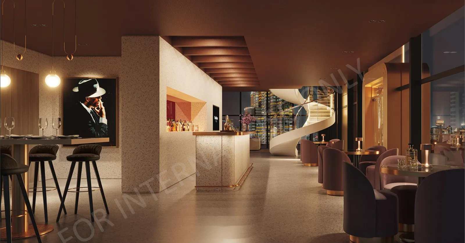 CloutHaus sky bar with a counter, bar stools and a spiral staircase, artist's impression