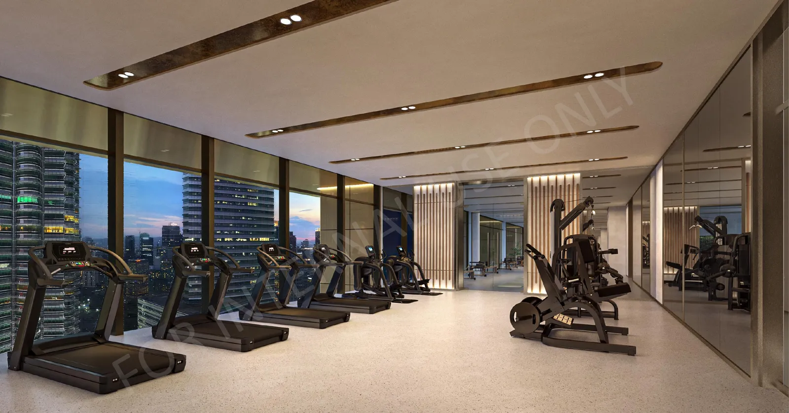 CloutHaus gym with treadmills facing floor-to-ceiling windows and city towers, artist's impression