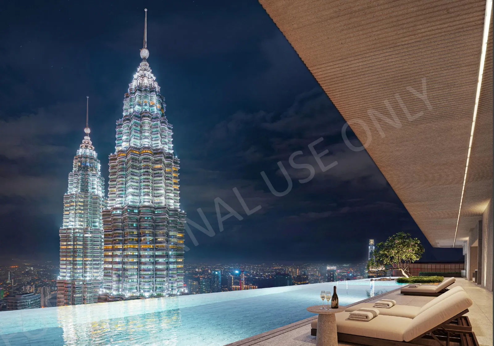 CloutHaus rooftop sky pool facing the illuminated Petronas Twin Towers at night, artist's impression