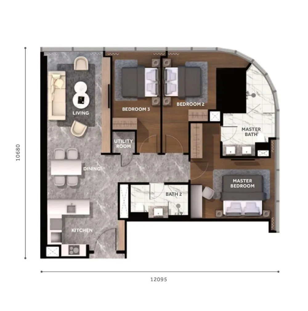 CloutHaus floor plan Type A, 1,216 sq ft, 3 bedroom, 2 bathrooms