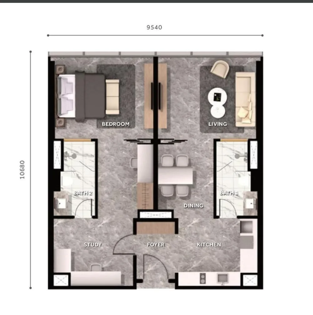 CloutHaus floor plan Type B, 1,098 sq ft, 1 bedroom, 2 bathrooms