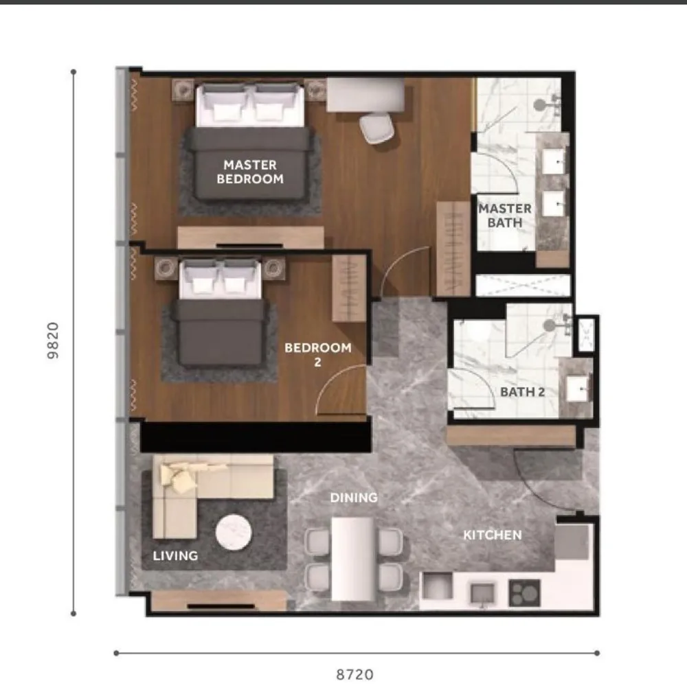 CloutHaus floor plan Type H, 904 sq ft, 2 bedroom, 2 bathrooms