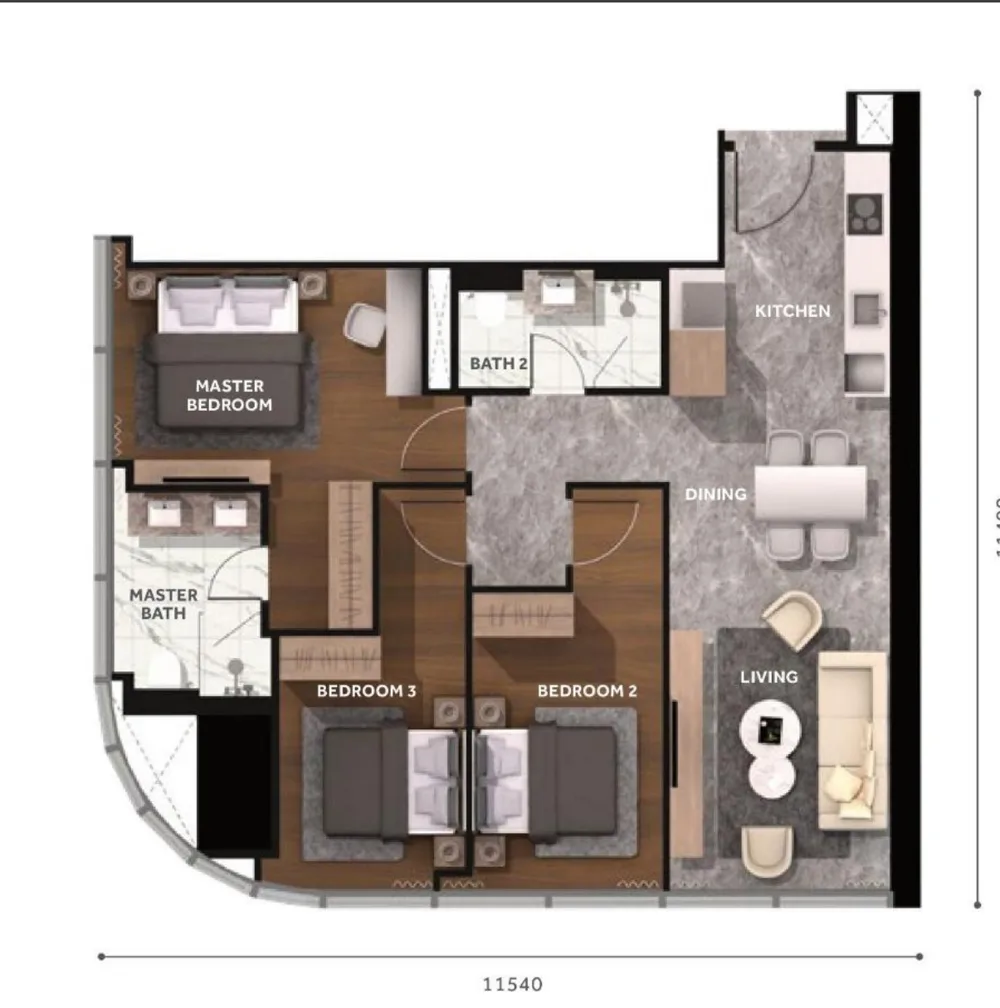 CloutHaus floor plan Type I, 1,119 sq ft, 3 bedroom, 2 bathrooms