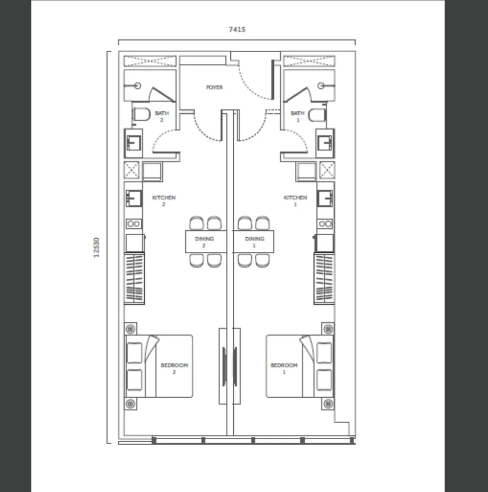 CloutHaus floor plan Type J dual key, 1,001 sq ft, dual key, 2 bathrooms