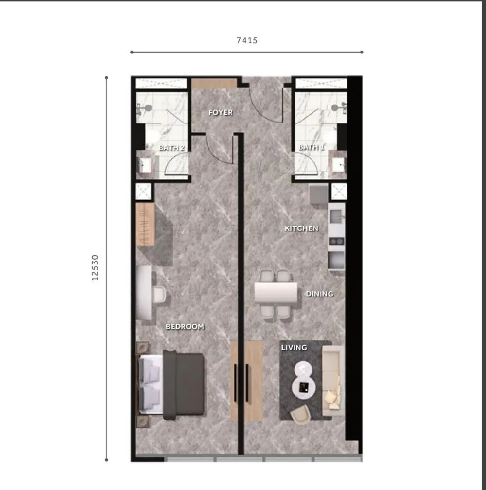 CloutHaus floor plan Type J, 1,001 sq ft, 1 bedroom, 2 bathrooms