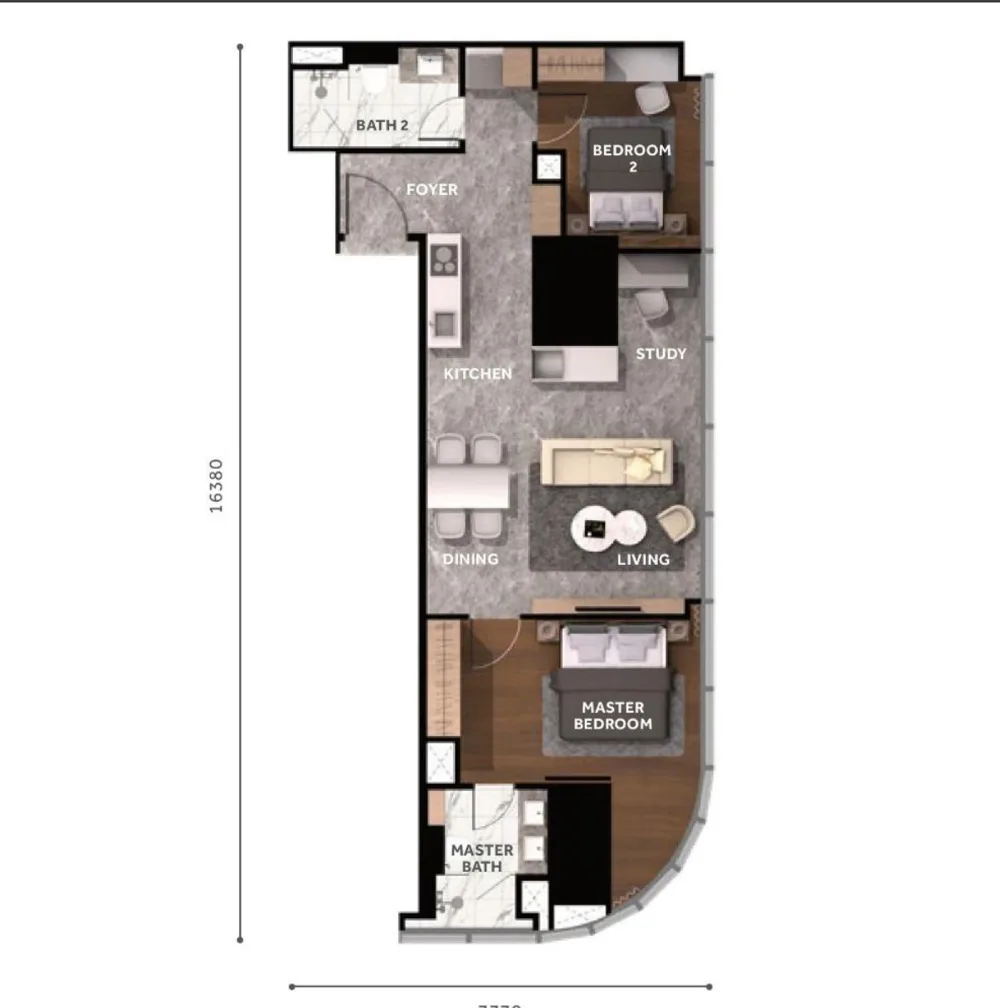 CloutHaus floor plan Type L, 980 sq ft, 2 bedroom, 2 bathrooms
