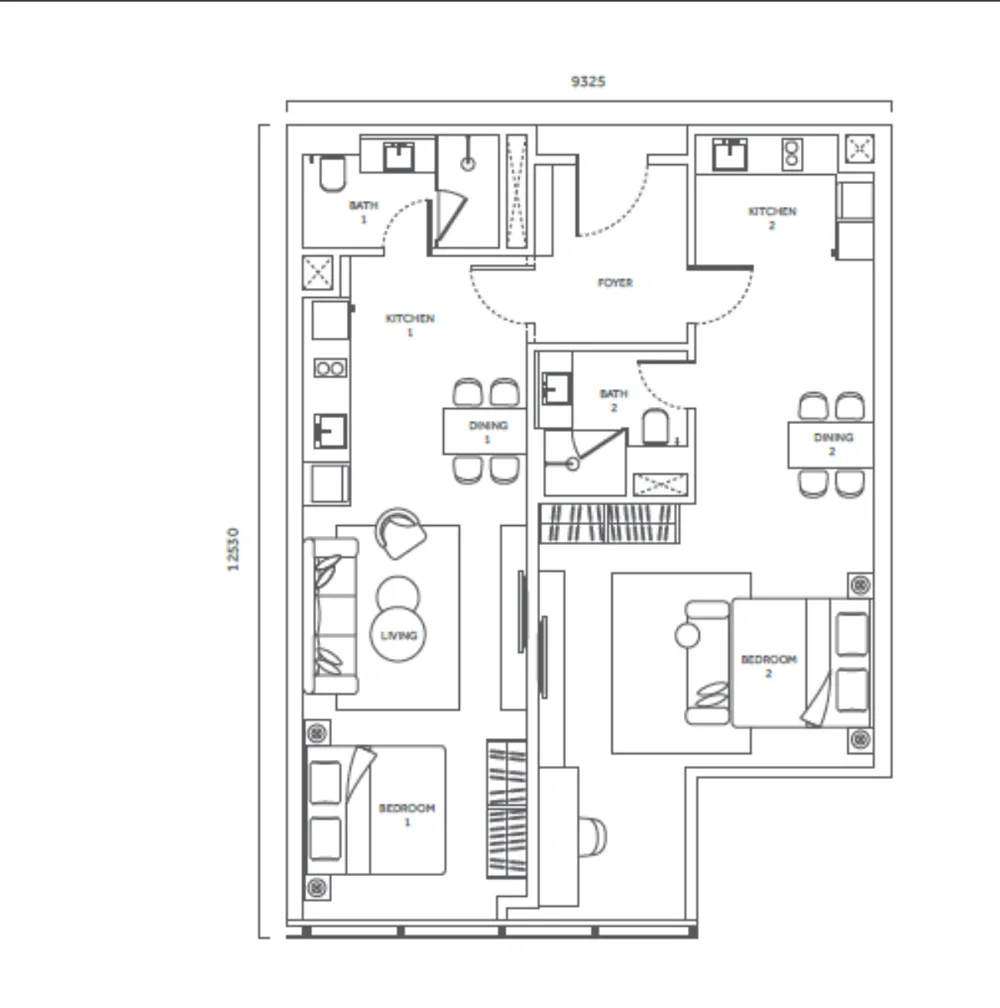 CloutHaus floor plan Type M dual key, 1,173 sq ft, dual key, 2 bathrooms